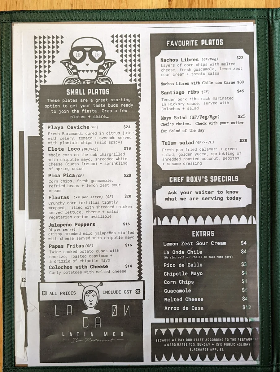 Menu, La Onda Latin Mex