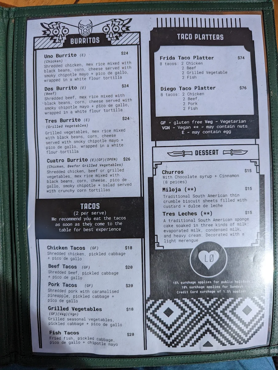 Menu, La Onda Latin Mex