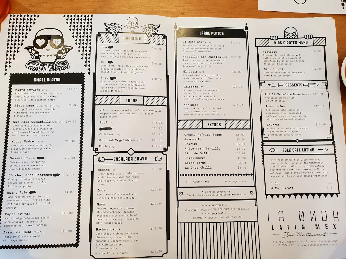 Menu, La Onda Latin Mex