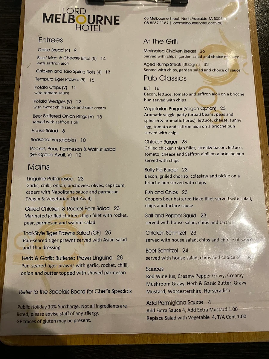 Menu, Lord Melbourne Hotel