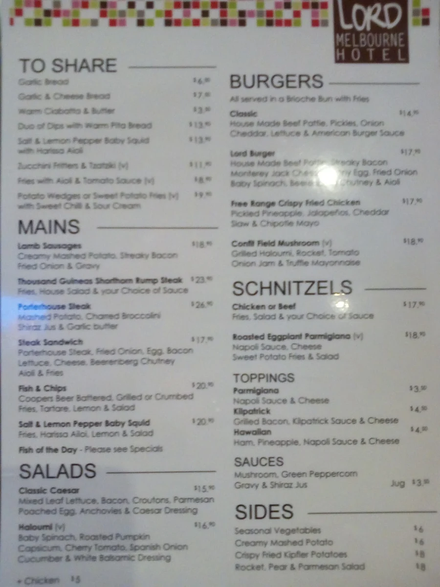 Menu, Lord Melbourne Hotel