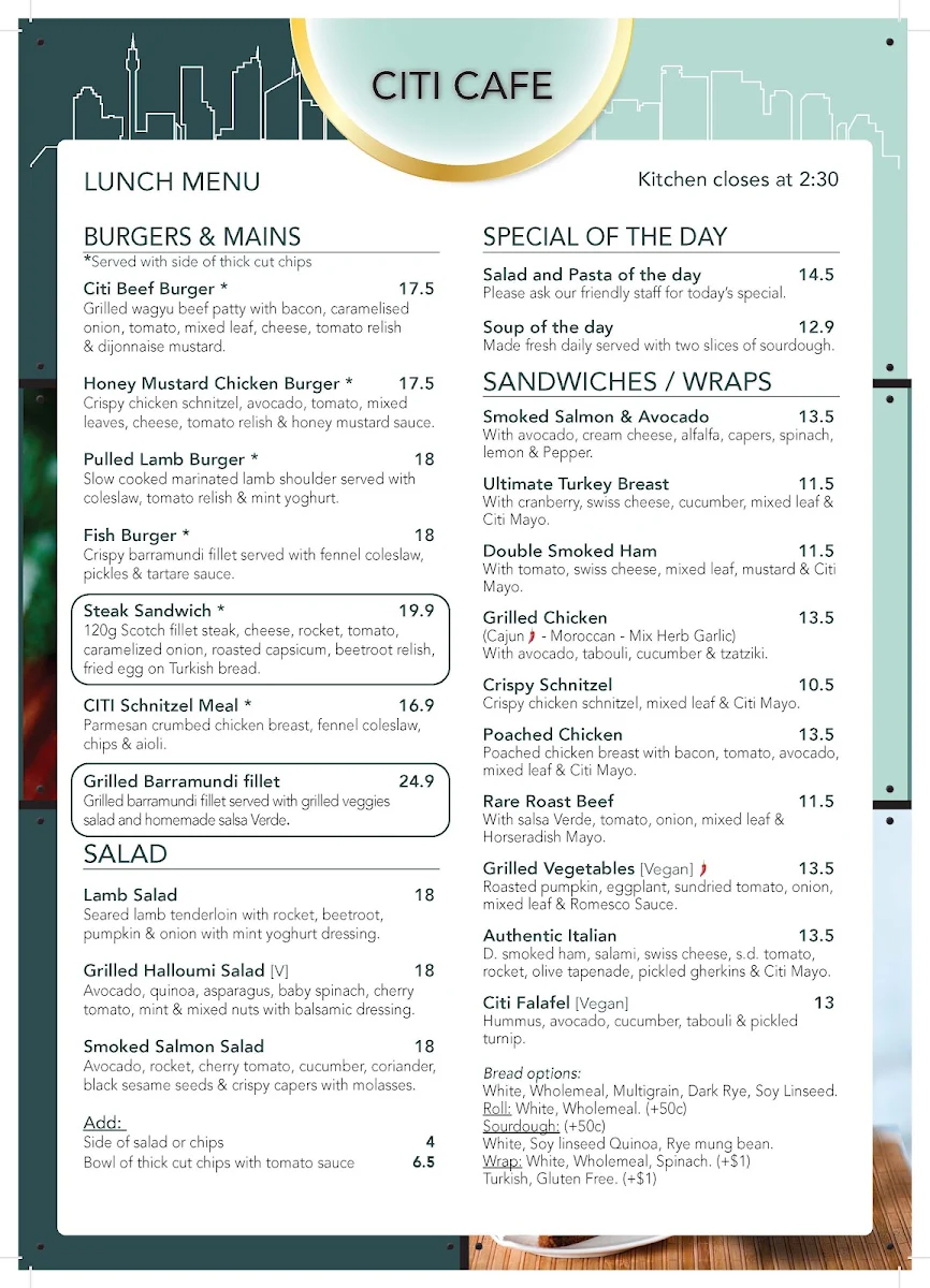 Menu, Citi Cafe