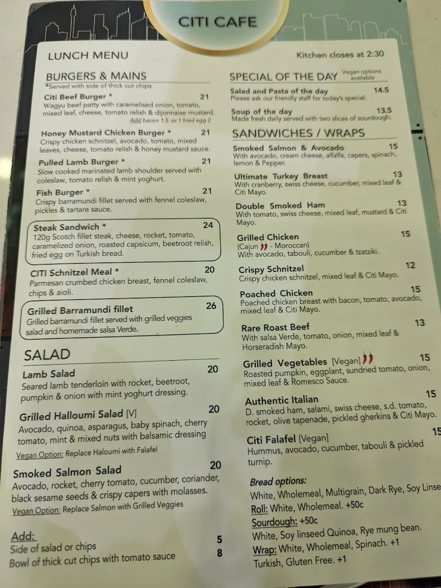 Menu, Citi Cafe