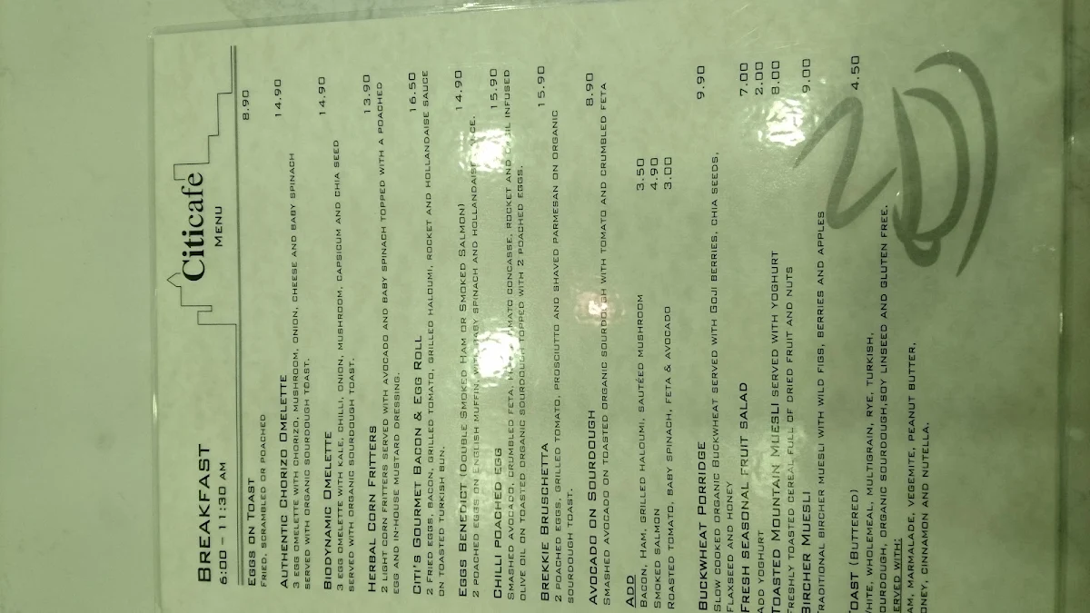Menu, Citi Cafe