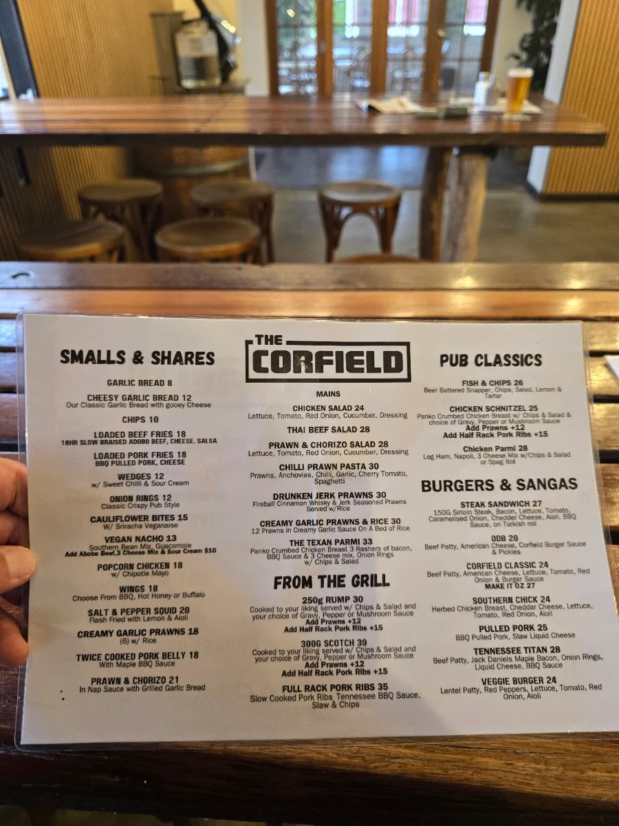 Menu, The Corfield Tavern