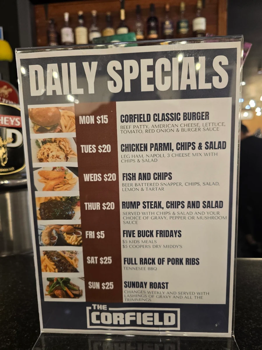 Menu, The Corfield Tavern