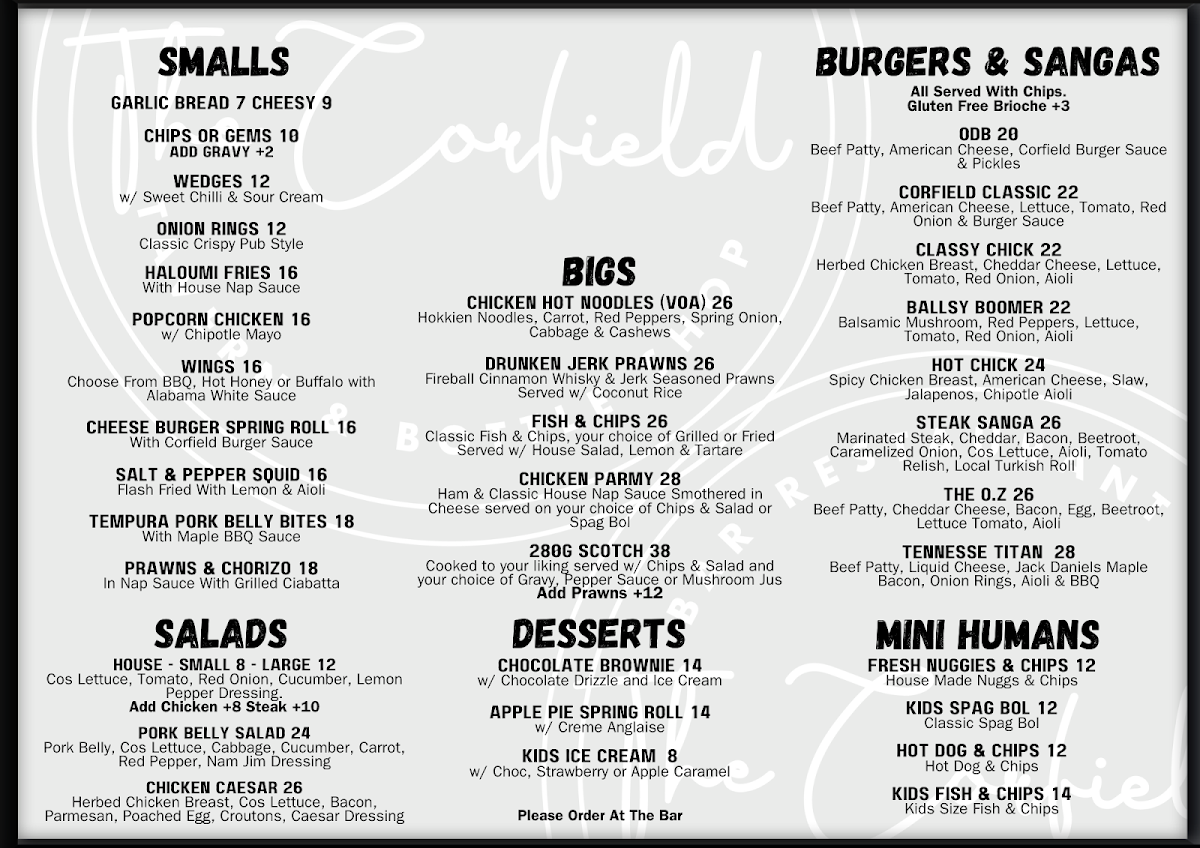 Menu, The Corfield Tavern
