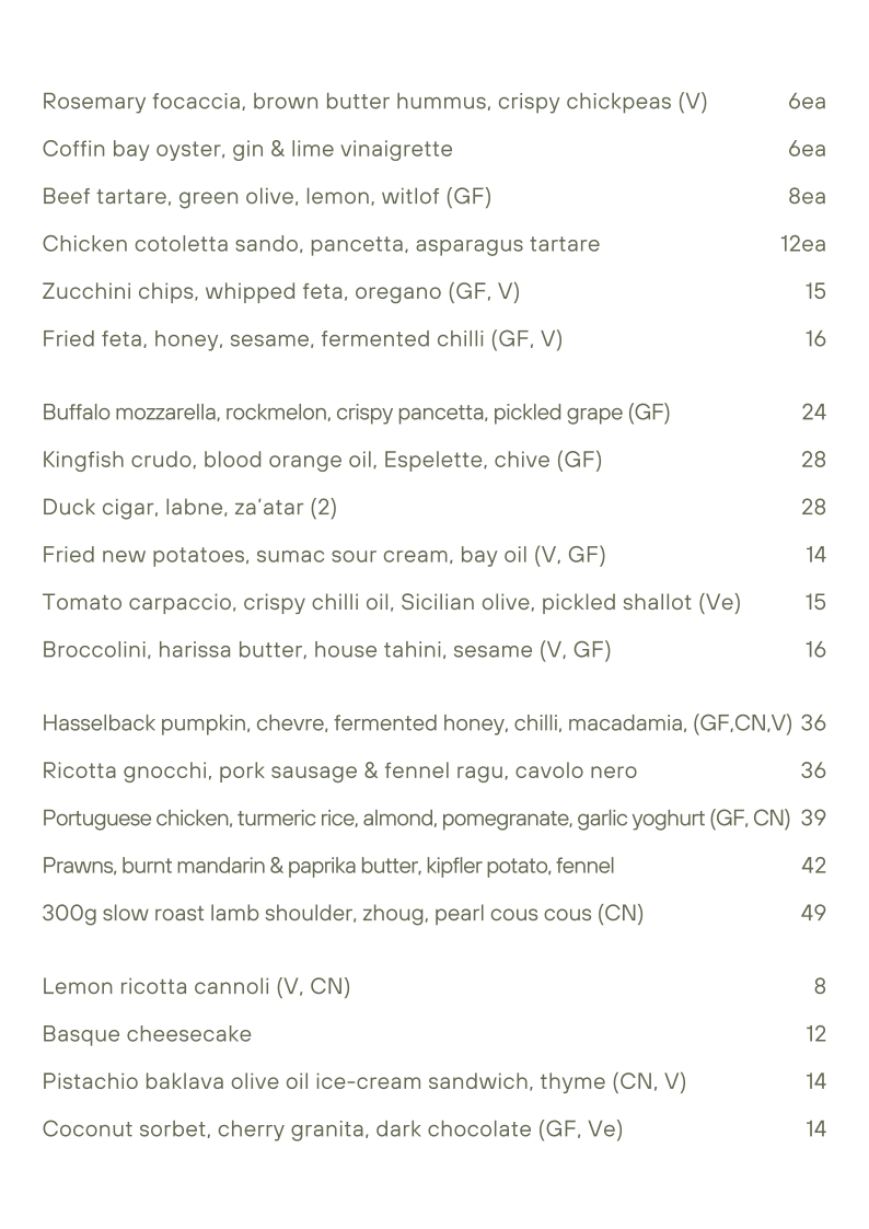 Menu, Olive Restaurant