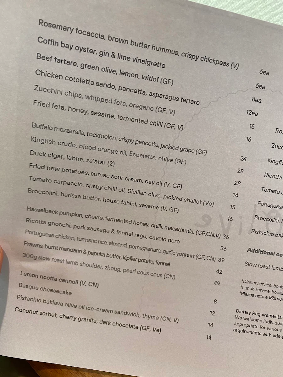 Menu, Olive Restaurant