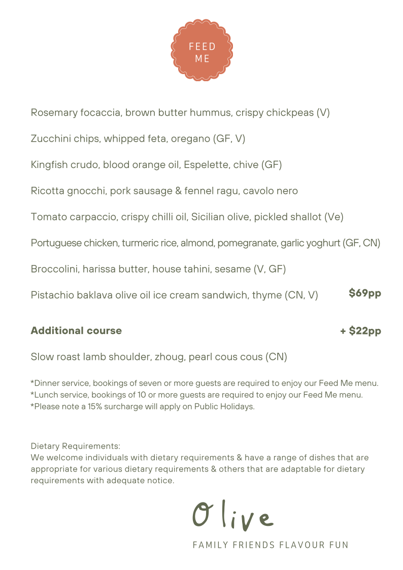 Menu, Olive Restaurant