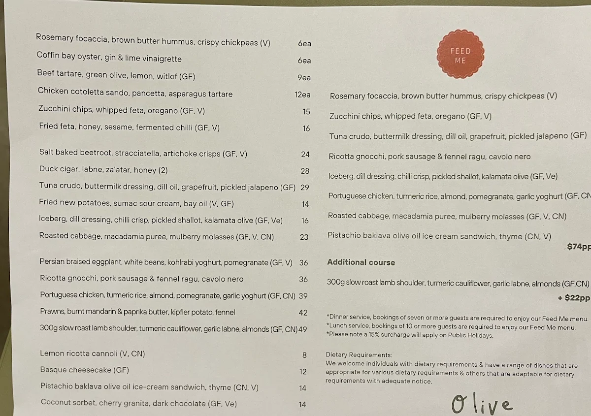 Menu, Olive Restaurant