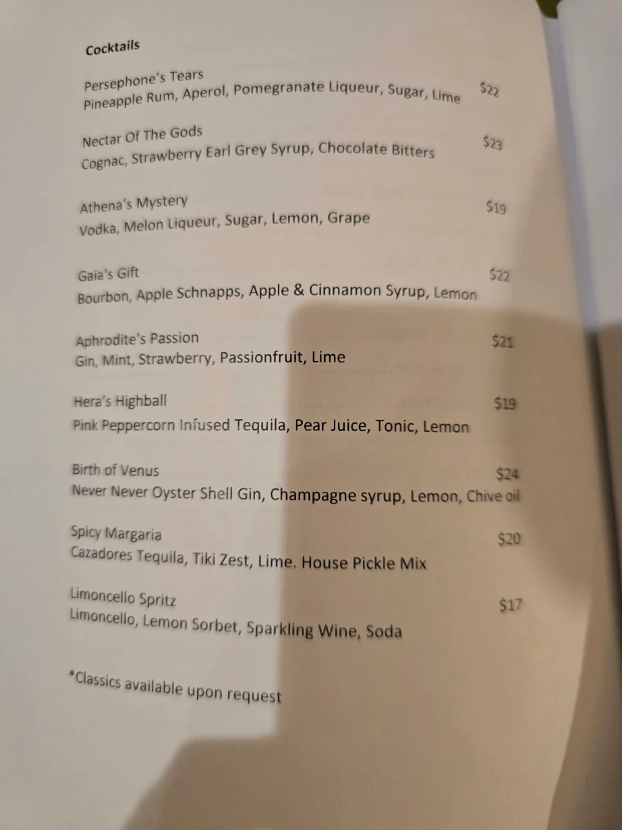 Menu, Olive Restaurant