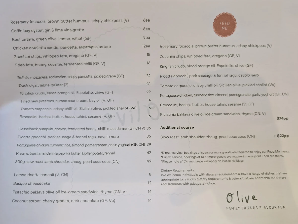Menu, Olive Restaurant