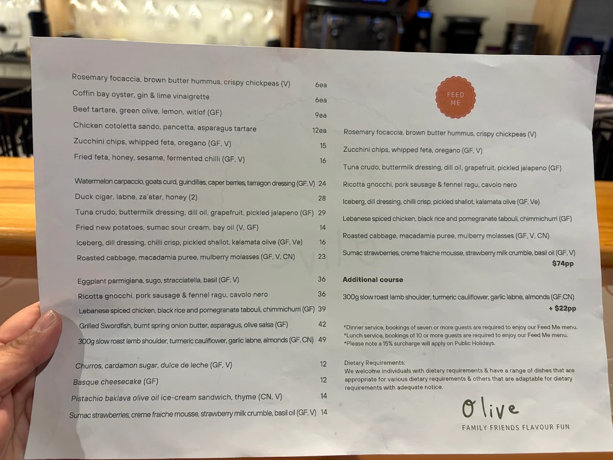 Menu, Olive Restaurant