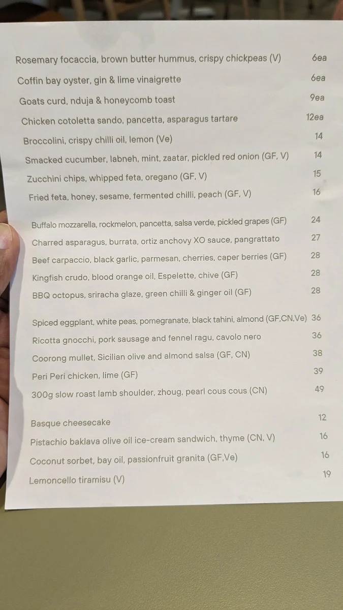 Menu, Olive Restaurant