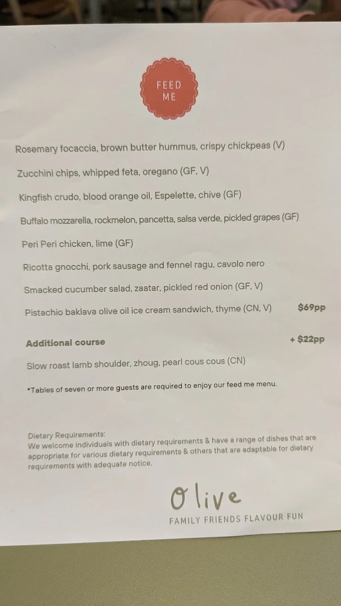 Menu, Olive Restaurant
