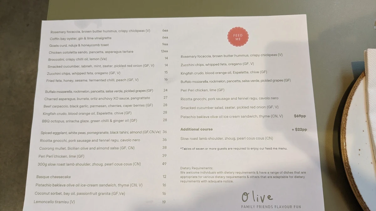 Menu, Olive Restaurant