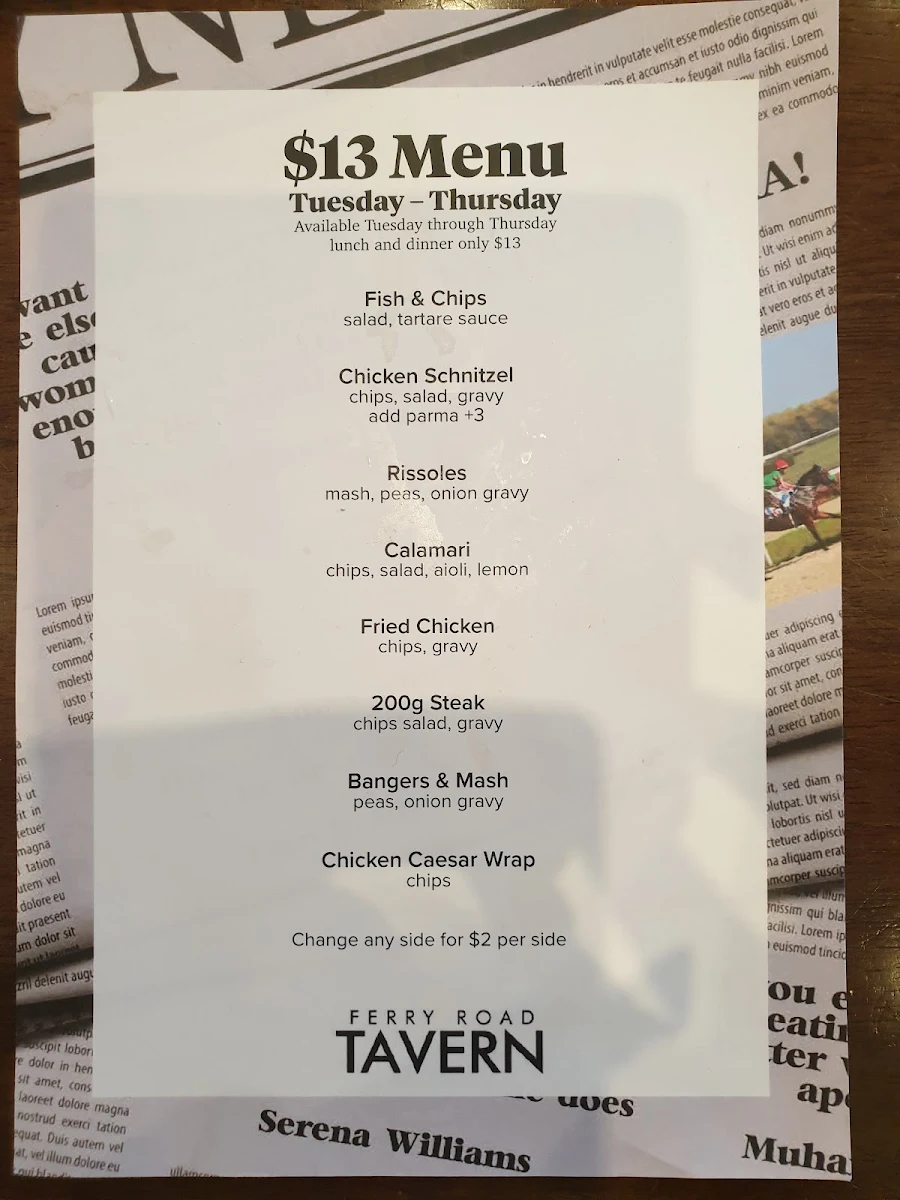 Menu, Ferry Road Tavern