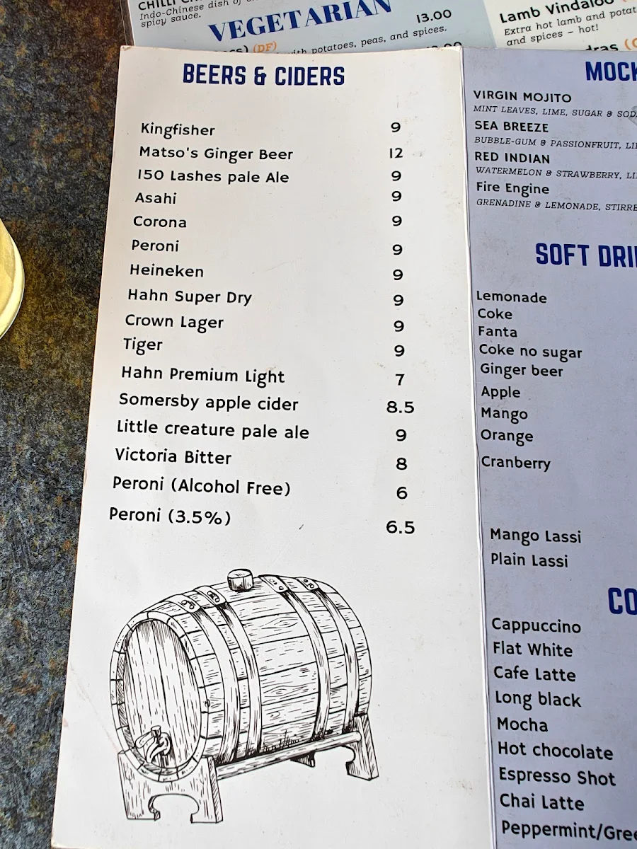 Menu, Alfresco Indian Cuisine