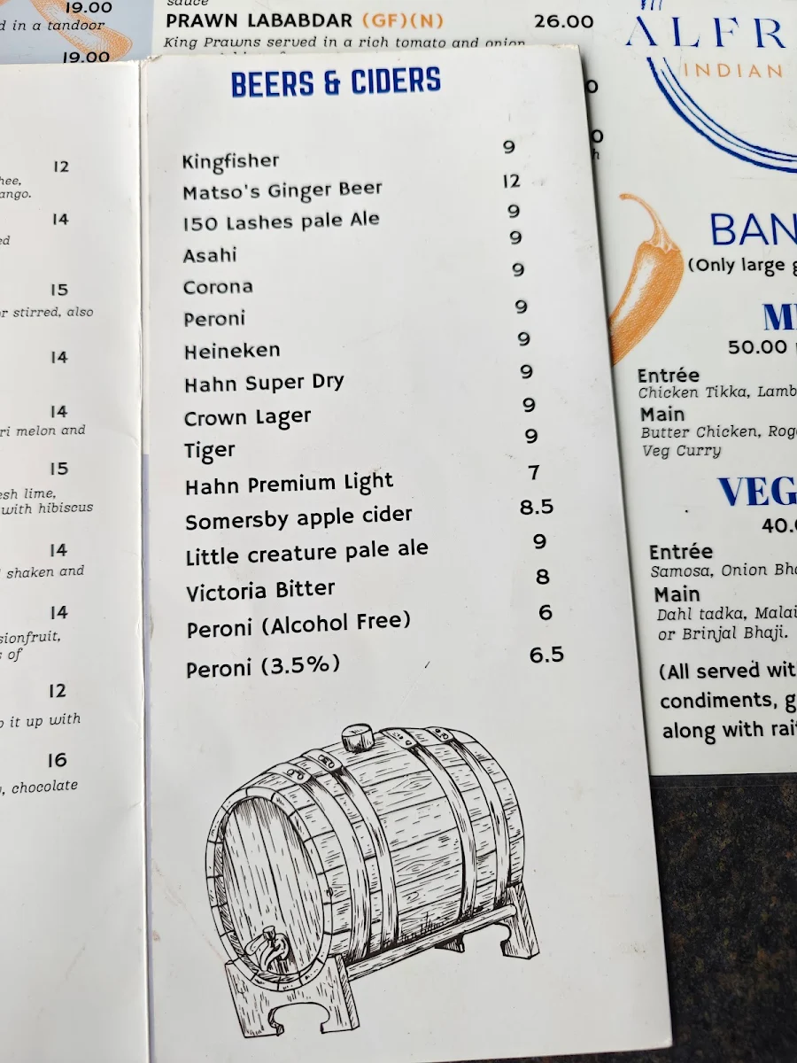 Menu, Alfresco Indian Cuisine