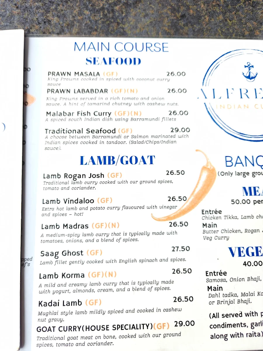 Menu, Alfresco Indian Cuisine