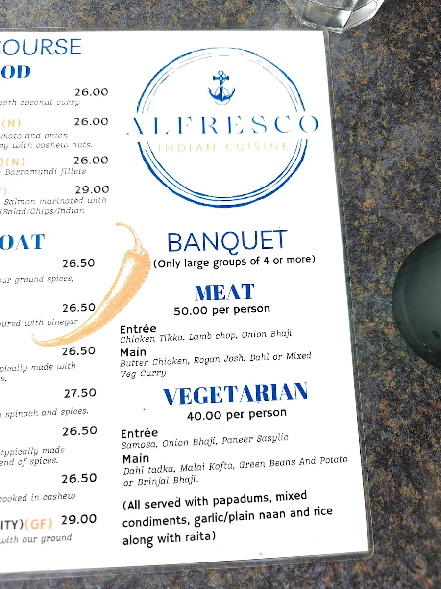 Menu, Alfresco Indian Cuisine