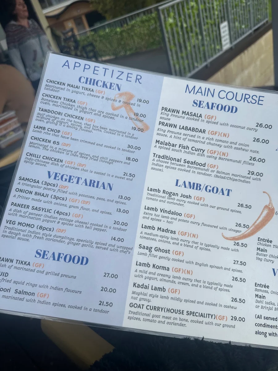 Menu, Alfresco Indian Cuisine