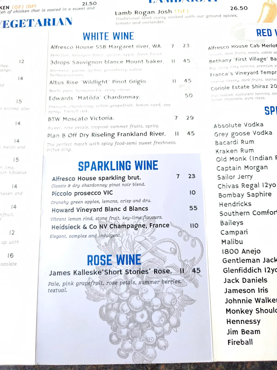 Menu, Alfresco Indian Cuisine