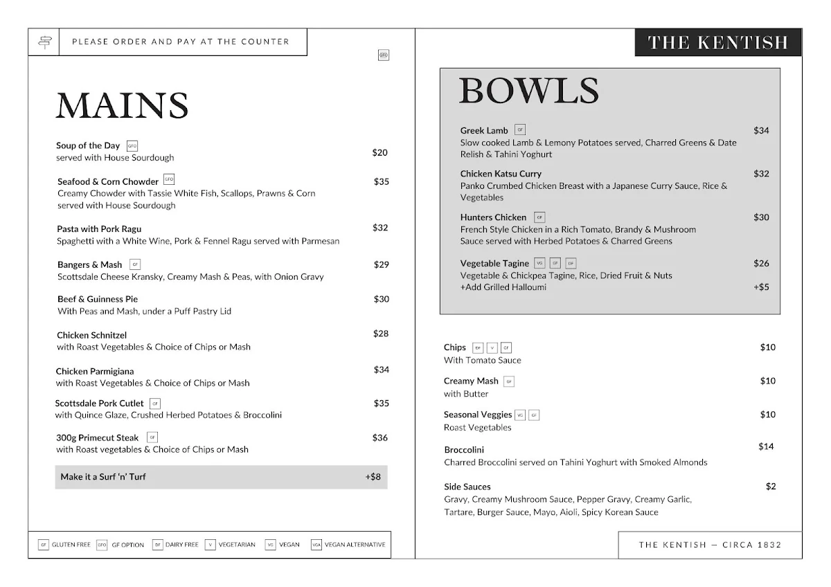 Menu, The Kentish Tasmania