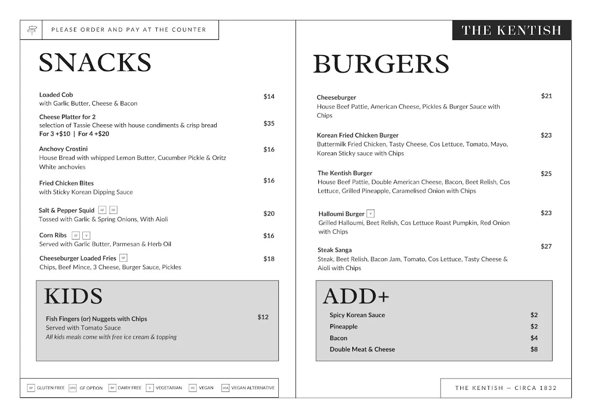 Menu, The Kentish Tasmania