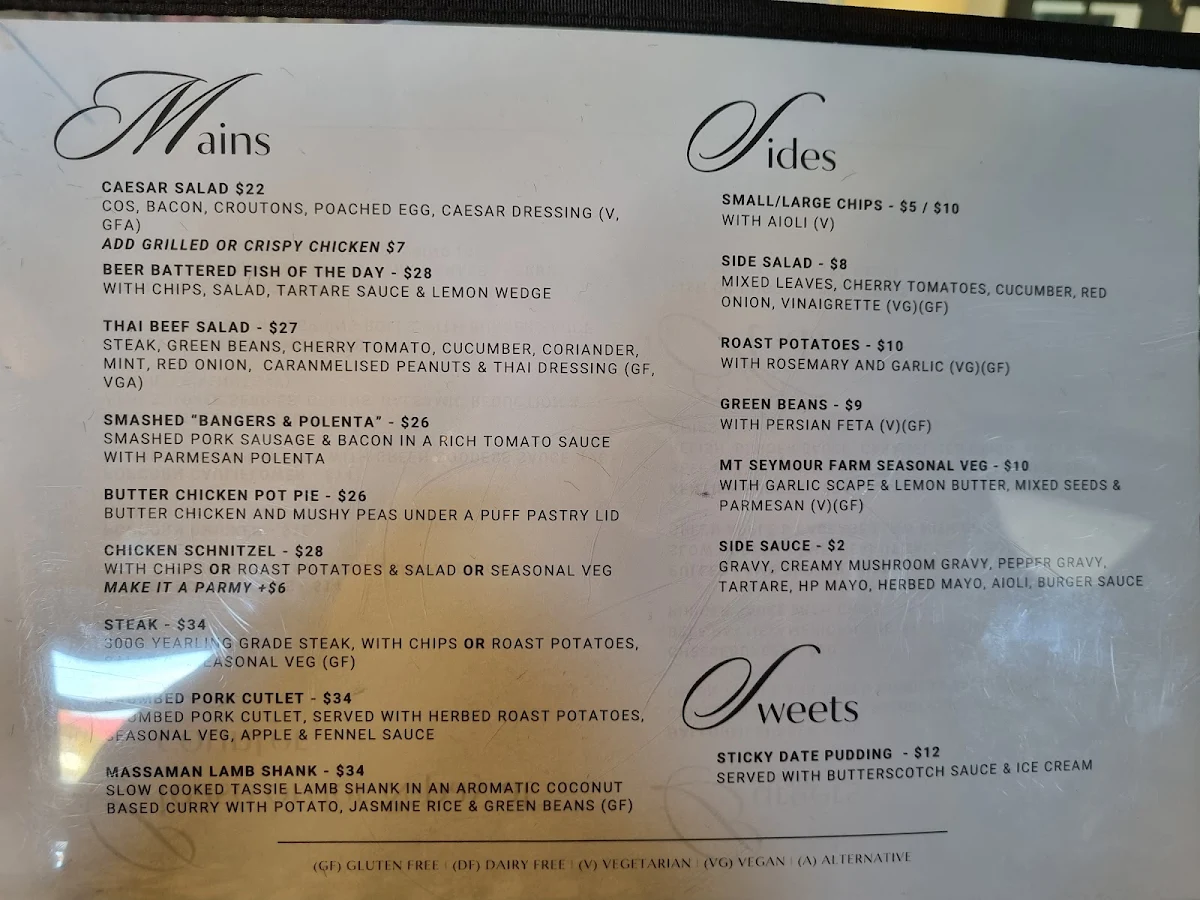 Menu, The Kentish Tasmania