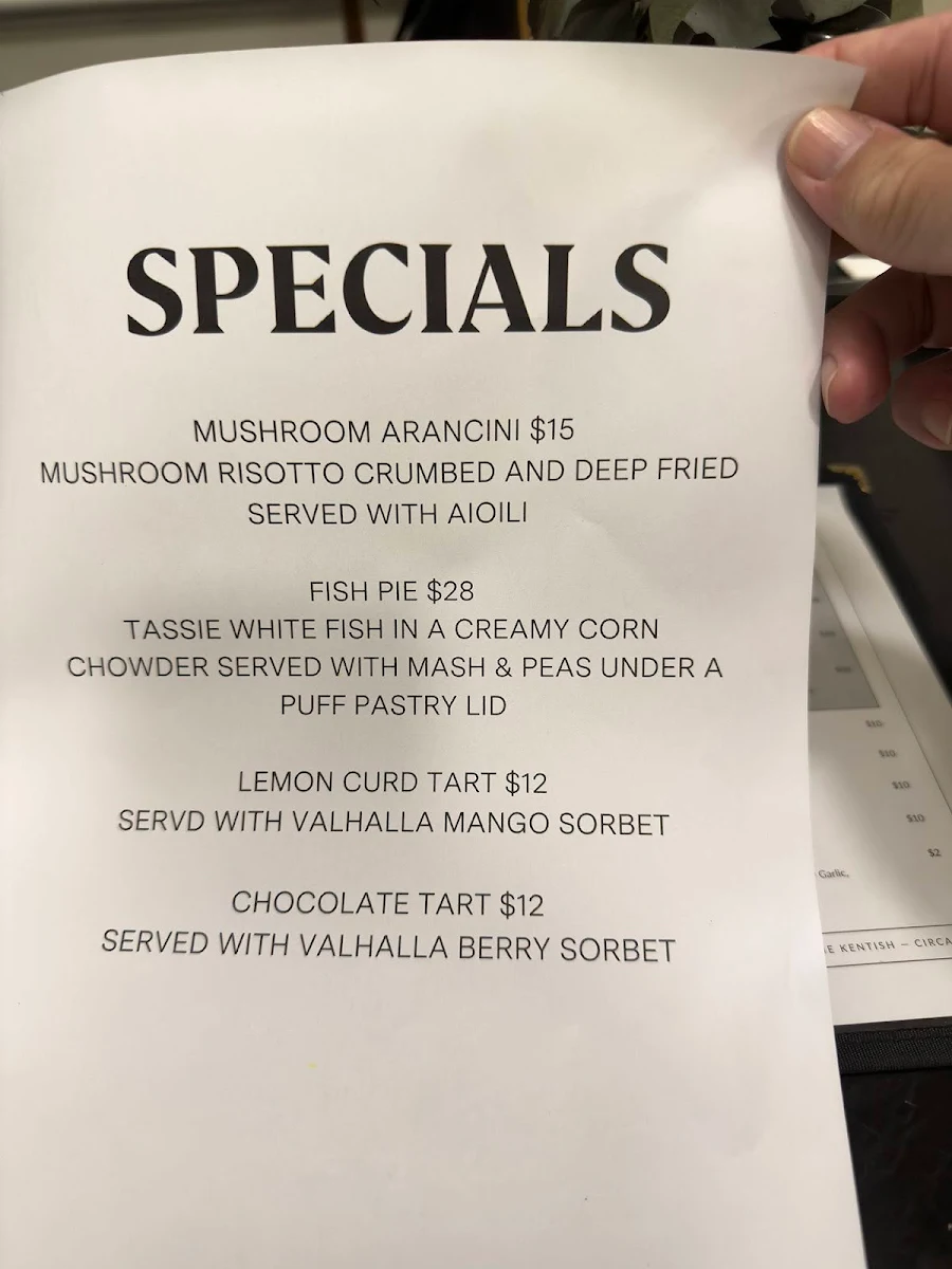 Menu, The Kentish Tasmania