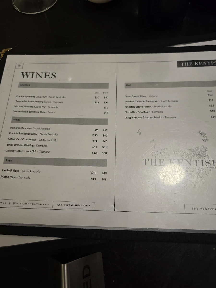 Menu, The Kentish Tasmania
