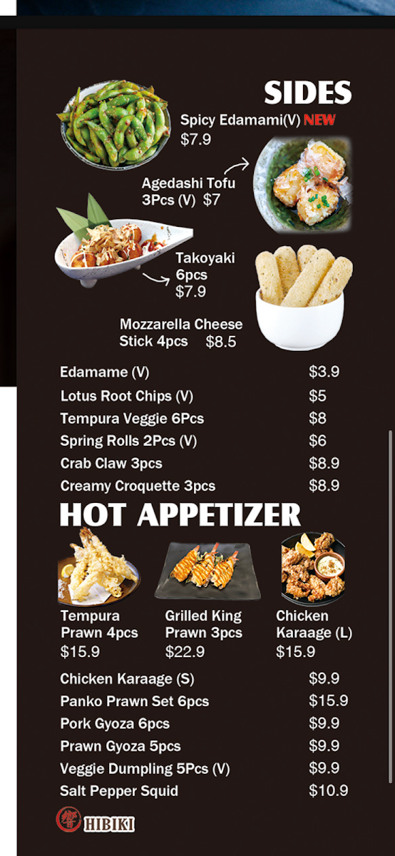 Menu, Hibiki Japanese Cuisine