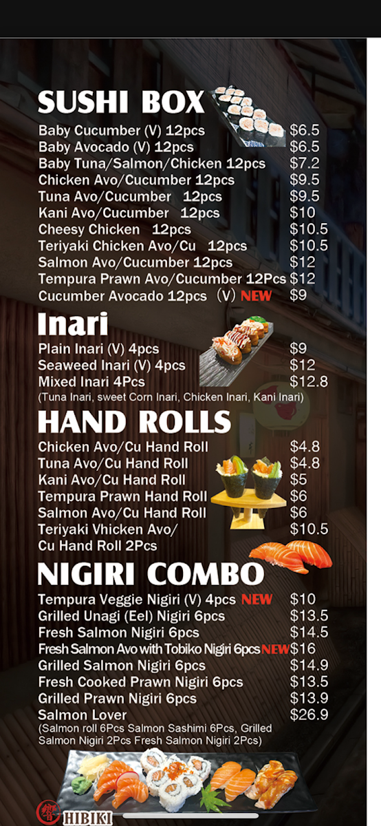Menu, Hibiki Japanese Cuisine