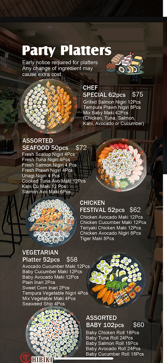 Menu, Hibiki Japanese Cuisine