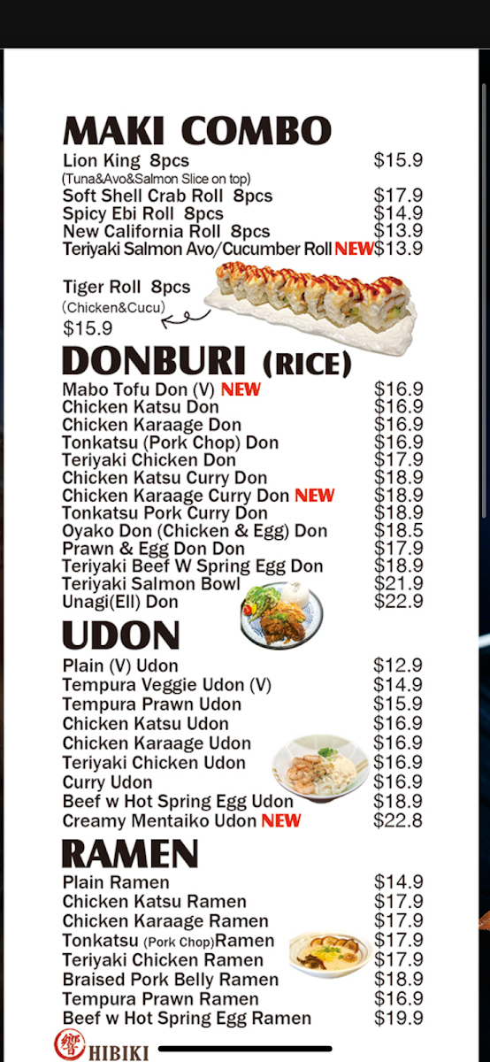Menu, Hibiki Japanese Cuisine
