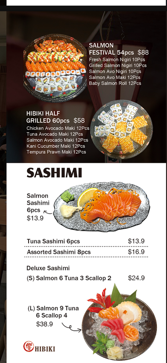 Menu, Hibiki Japanese Cuisine
