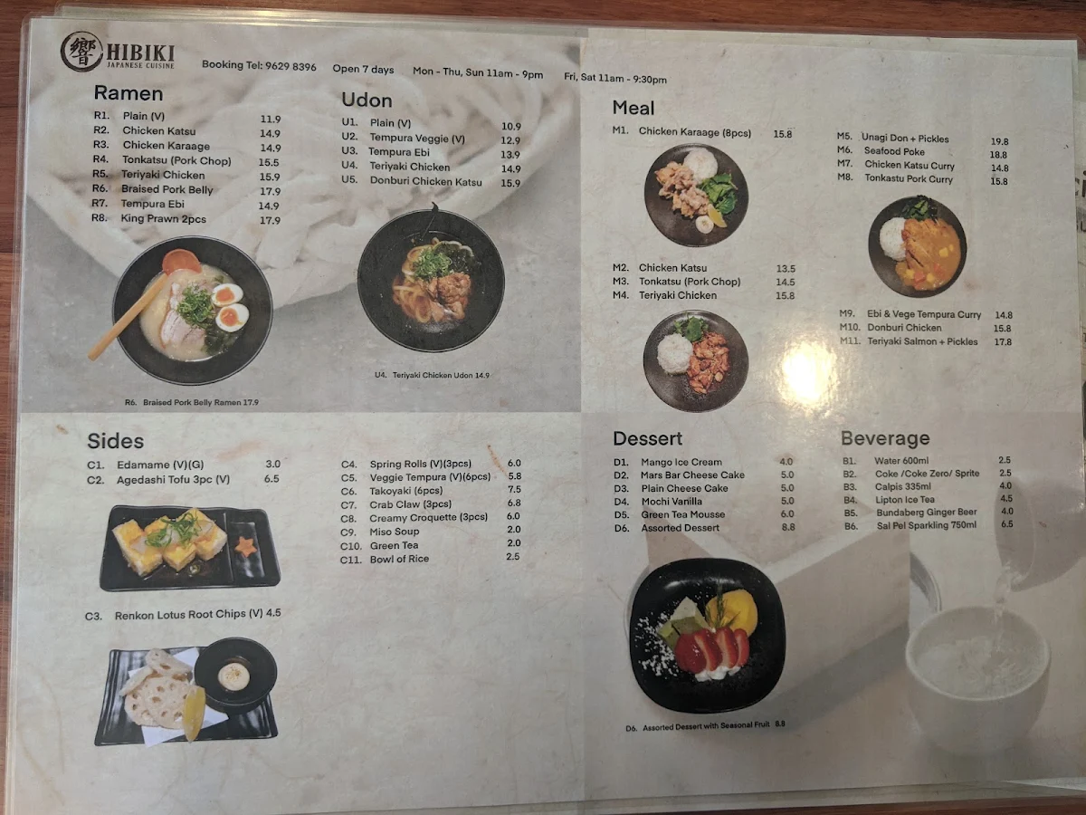 Menu, Hibiki Japanese Cuisine