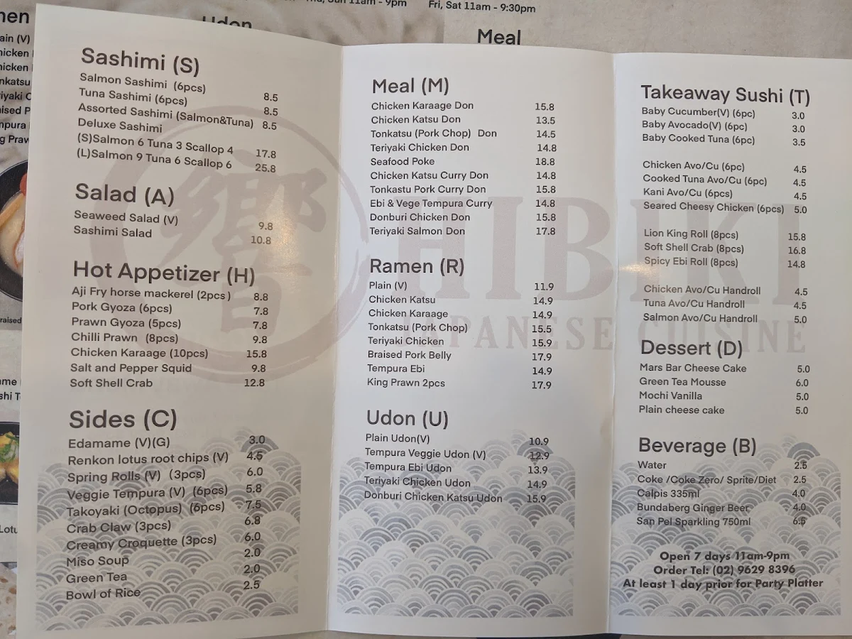 Menu, Hibiki Japanese Cuisine