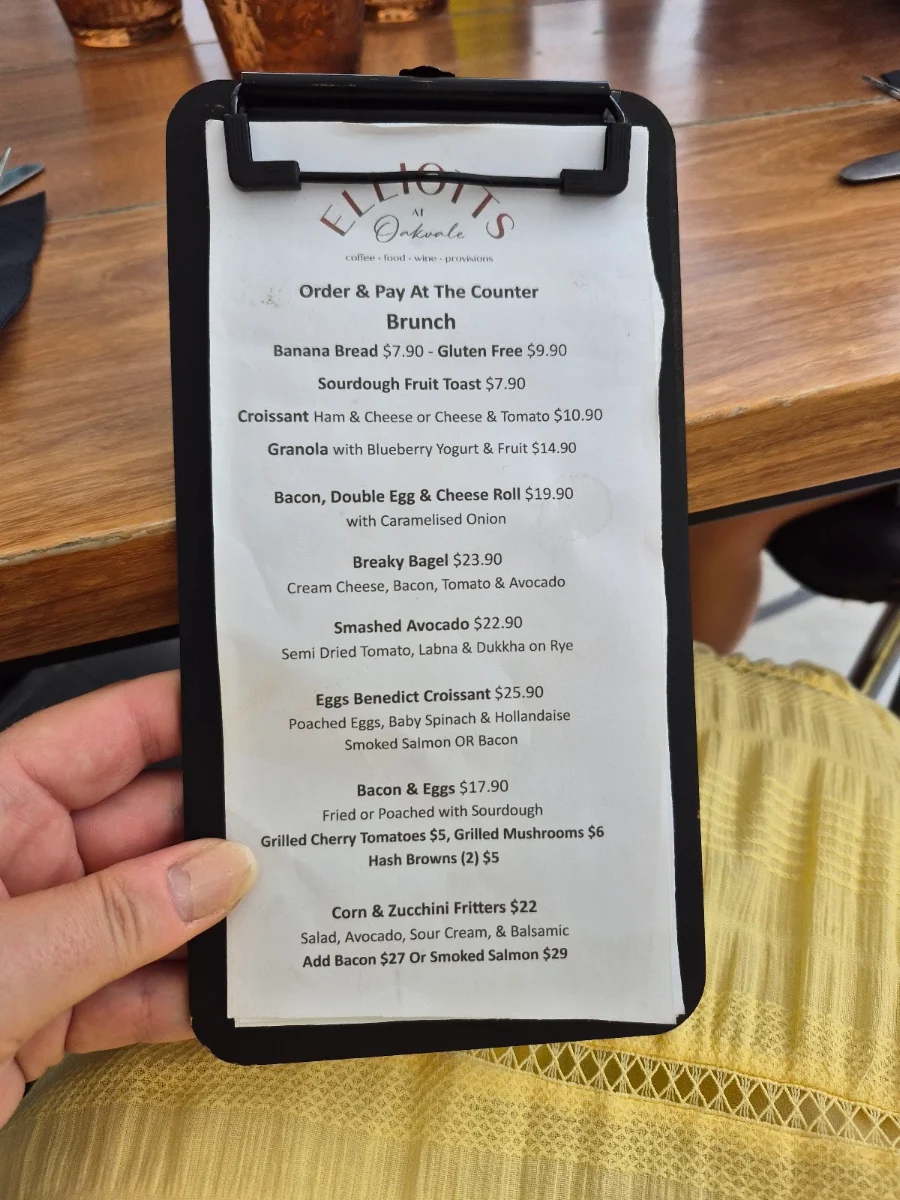 Menu, Elliotts at Oakvale