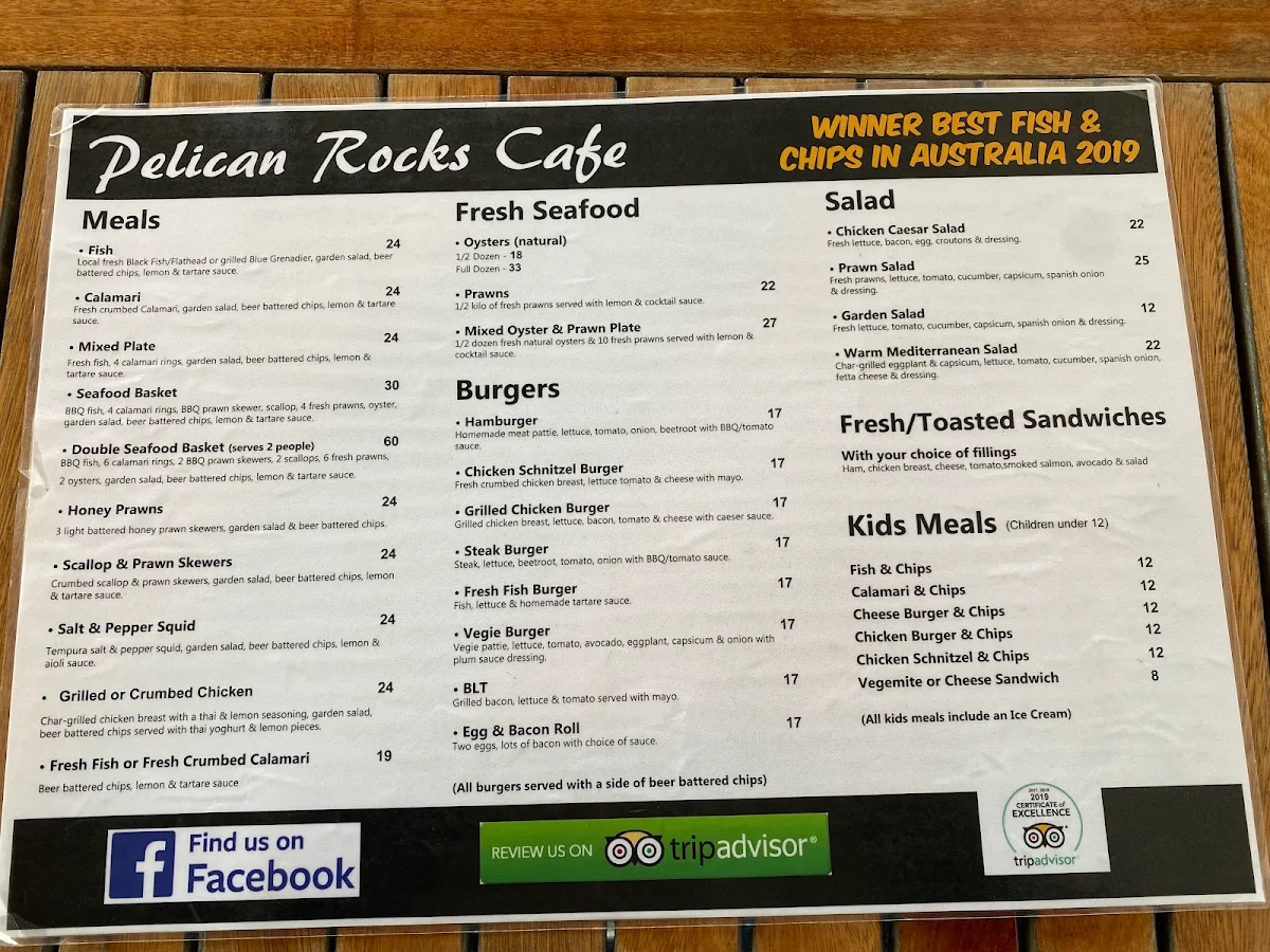 Menu, Pelican Rocks Seafood Restaurant & Cafe