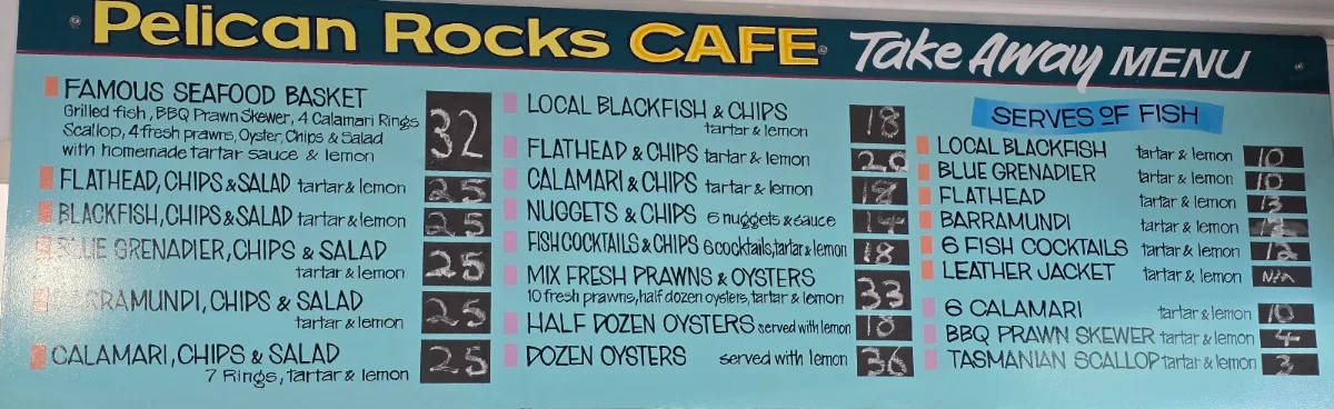 Menu, Pelican Rocks Seafood Restaurant & Cafe