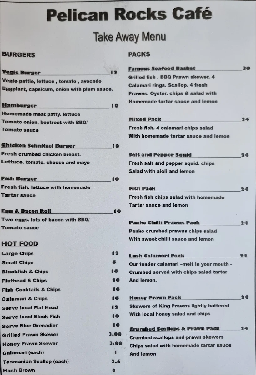 Menu, Pelican Rocks Seafood Restaurant & Cafe