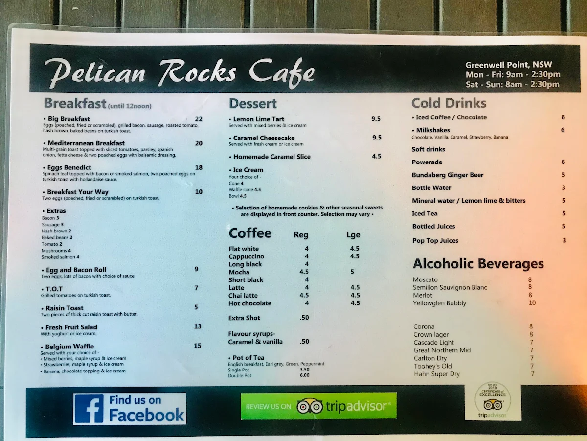 Menu, Pelican Rocks Seafood Restaurant & Cafe