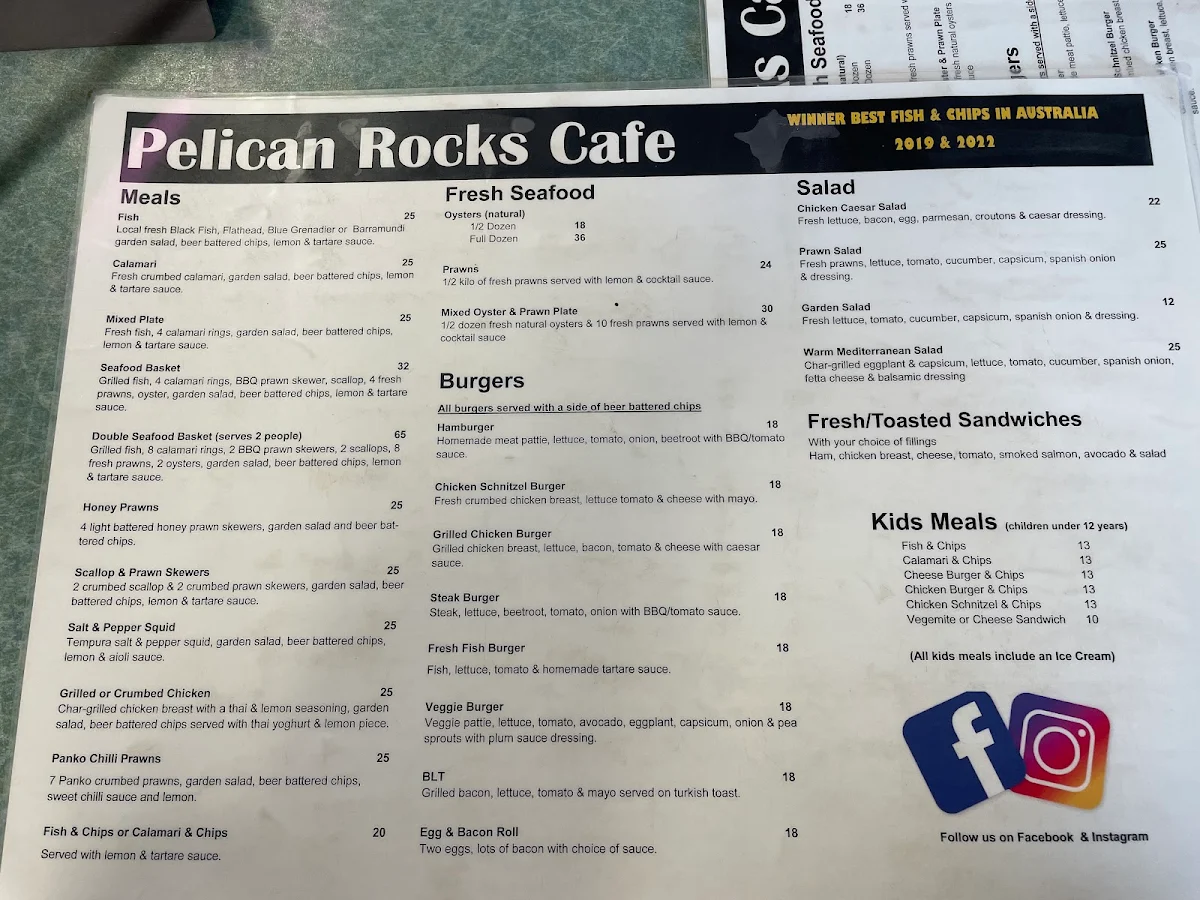 Menu, Pelican Rocks Seafood Restaurant & Cafe