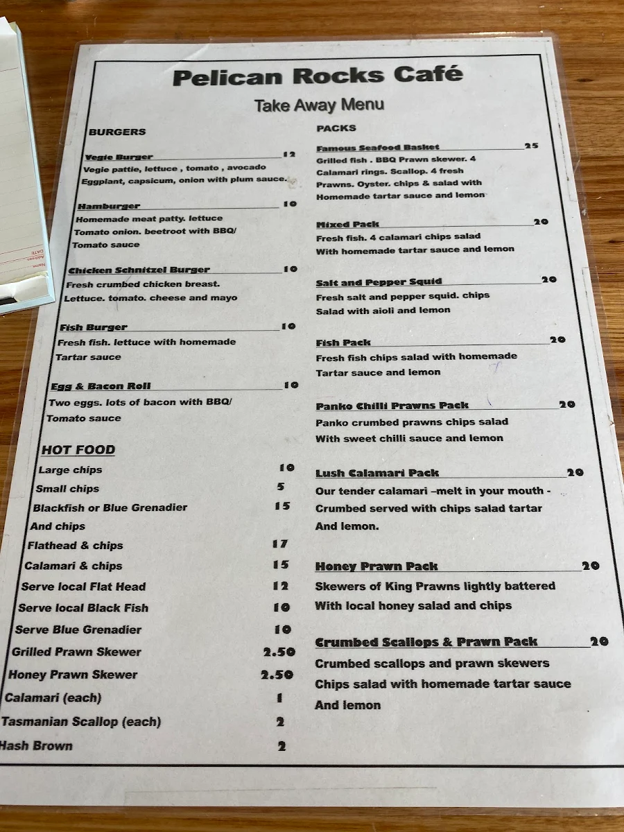 Menu, Pelican Rocks Seafood Restaurant & Cafe