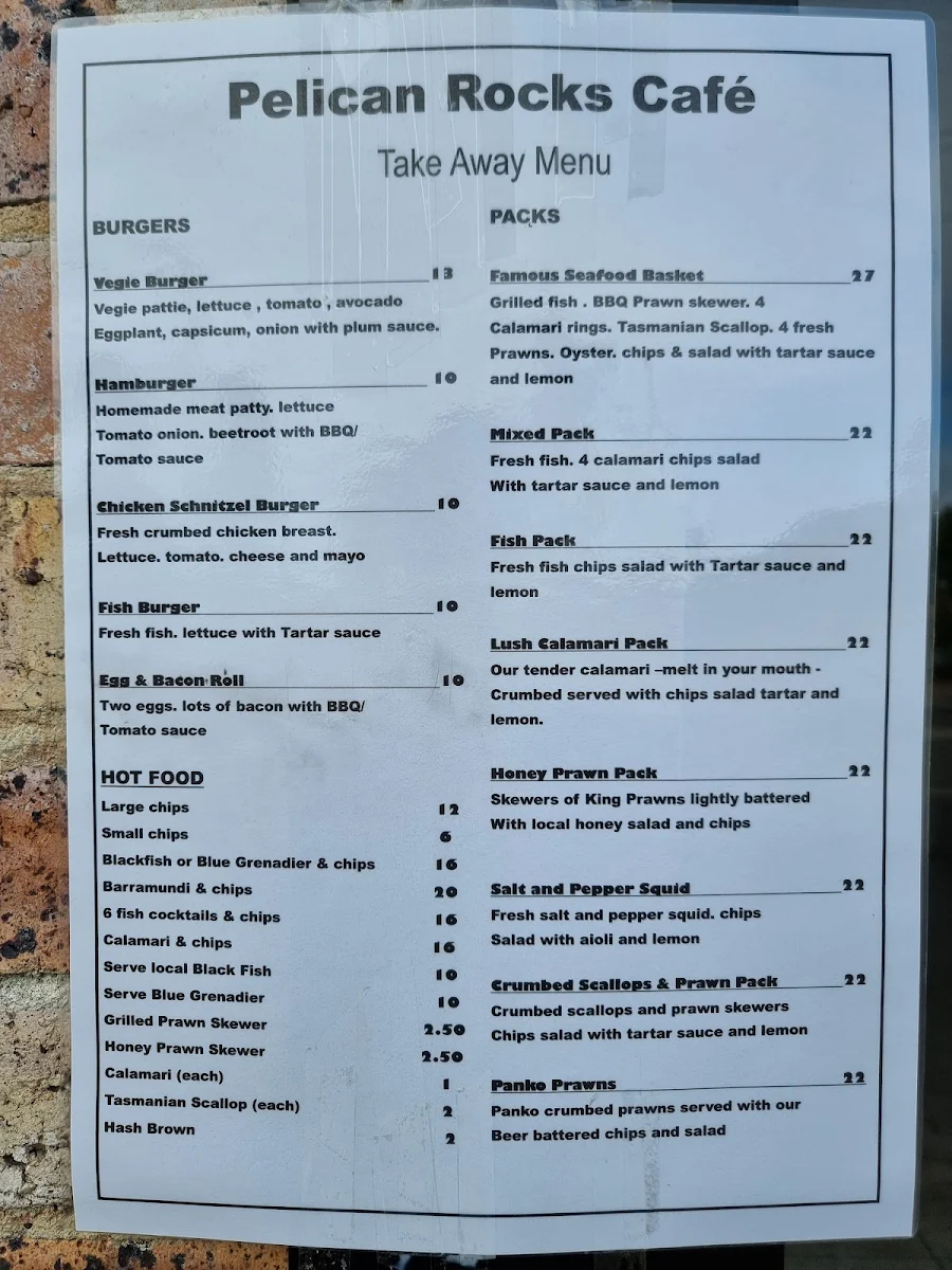 Menu, Pelican Rocks Seafood Restaurant & Cafe