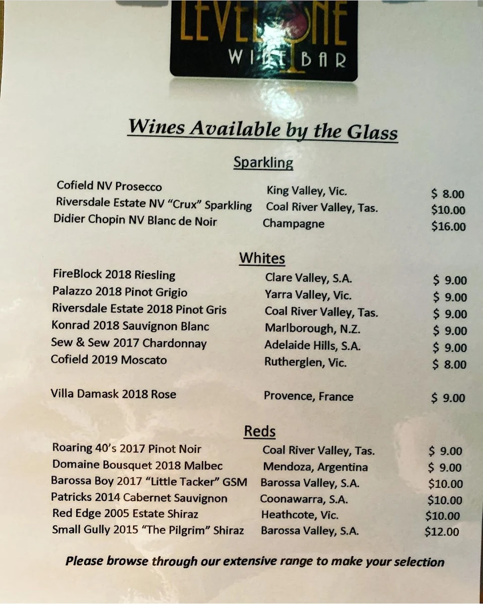 Menu, Level One Wine Bar & Restaurant