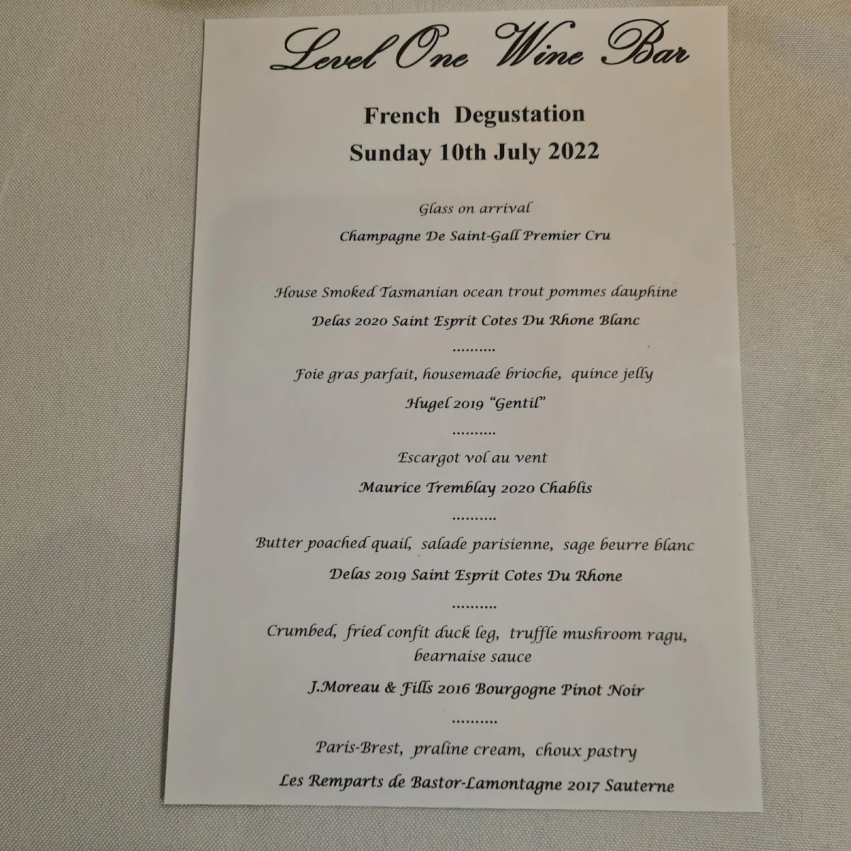 Menu, Level One Wine Bar & Restaurant